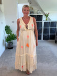 Sand/Neon Orange Ruffle Neck Palm Grecian Dress