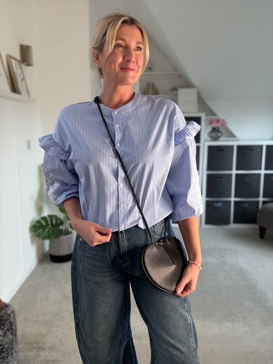 Blue Pinstripe Embroidered Sleeve Shirt
