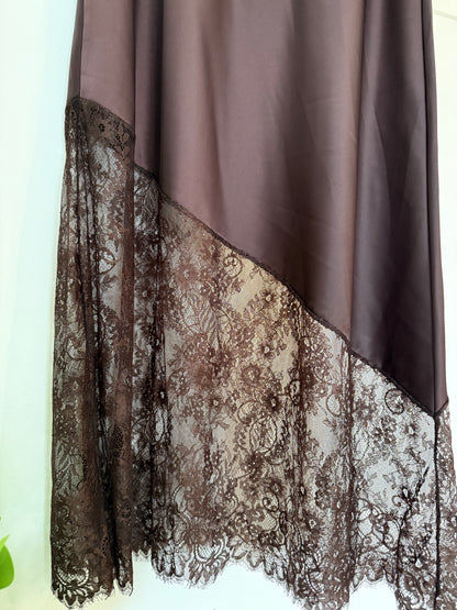 Chocolate Satin Asymmetric Lace Detail Maxi Slip Skirt