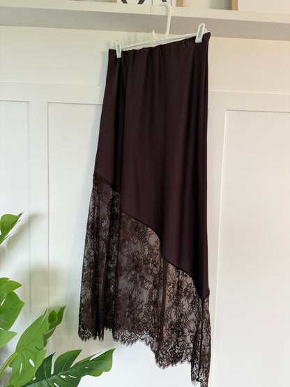 Chocolate Satin Asymmetric Lace Detail Maxi Slip Skirt