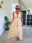 Sand/Neon Orange Ruffle Neck Palm Grecian Dress