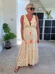 Sand/Neon Orange Ruffle Neck Palm Grecian Dress