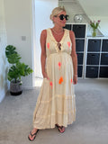 Sand/Neon Orange Ruffle Neck Palm Grecian Dress