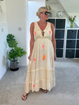 Sand/Neon Orange Ruffle Neck Palm Grecian Dress