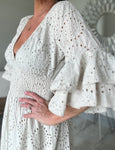Beige Broderie Anglaise Frill Sleeve Dress