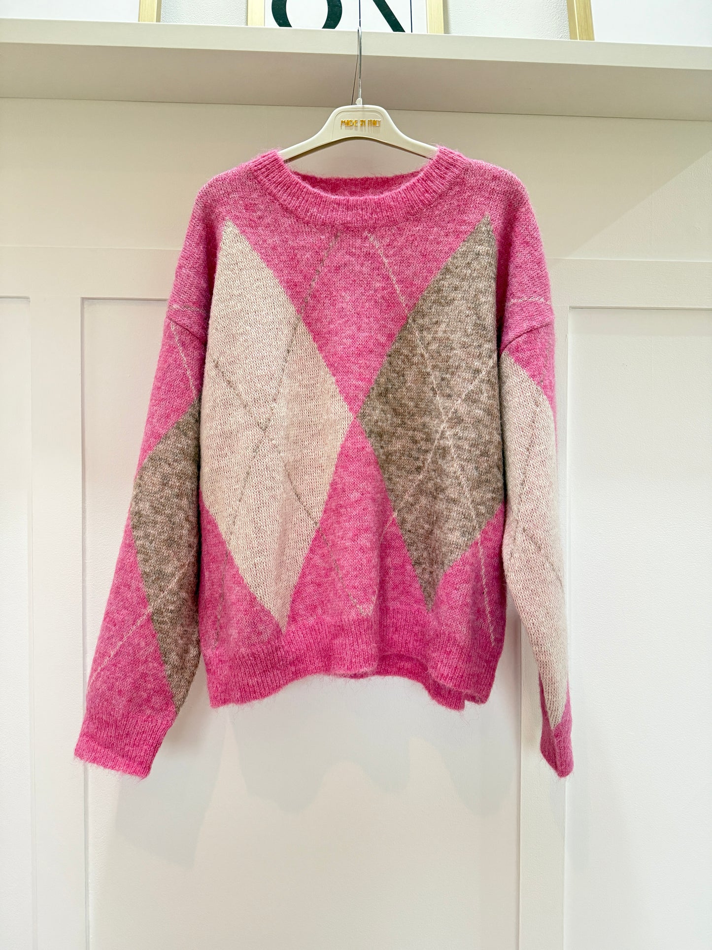 Pink Argyle Crew Neck Jumper
