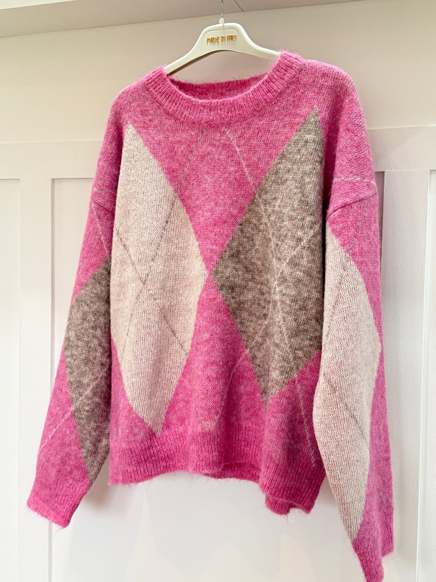 Pink Argyle Crew Neck Jumper