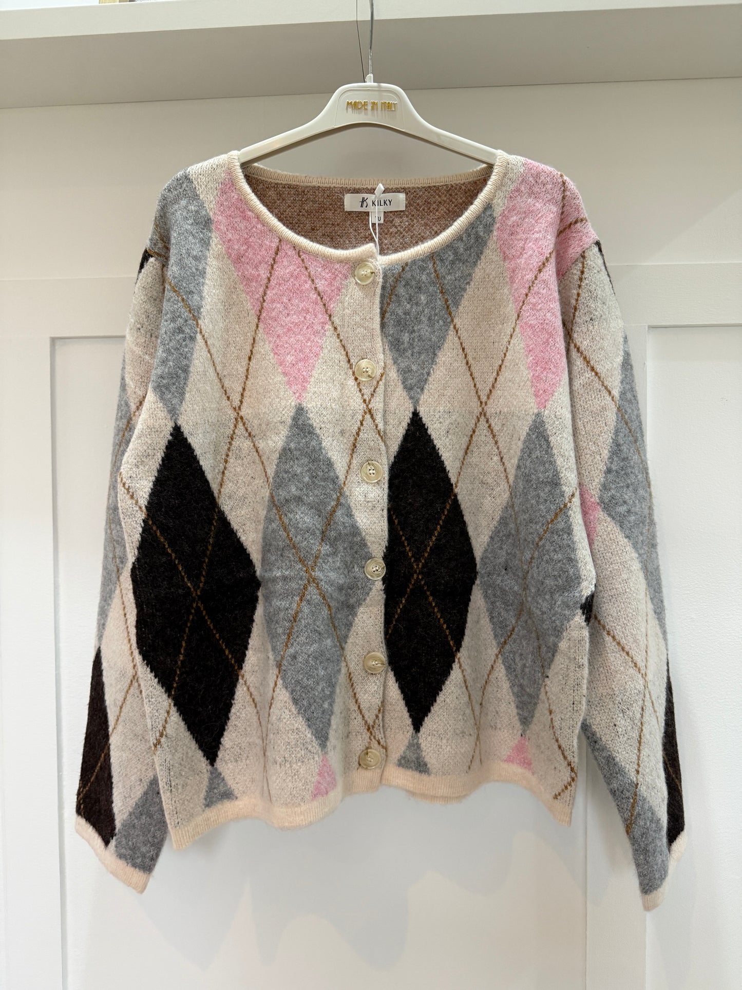 Oatmeal/Pink Argyle Crew Neck Cardigan