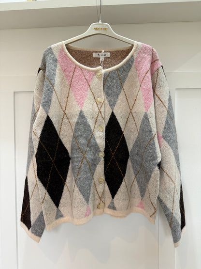 Oatmeal/Pink Argyle Crew Neck Cardigan