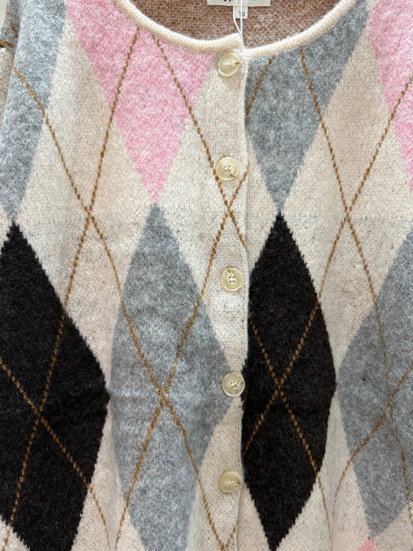 Oatmeal/Pink Argyle Crew Neck Cardigan