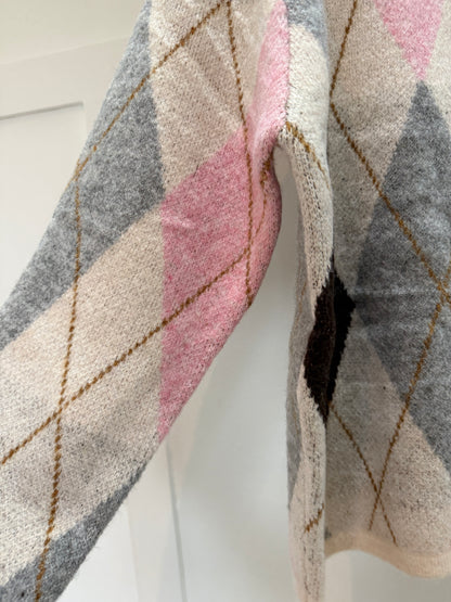 Oatmeal/Pink Argyle Crew Neck Cardigan