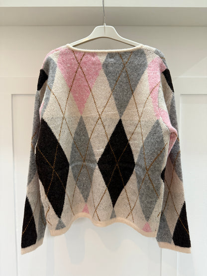 Oatmeal/Pink Argyle Crew Neck Cardigan