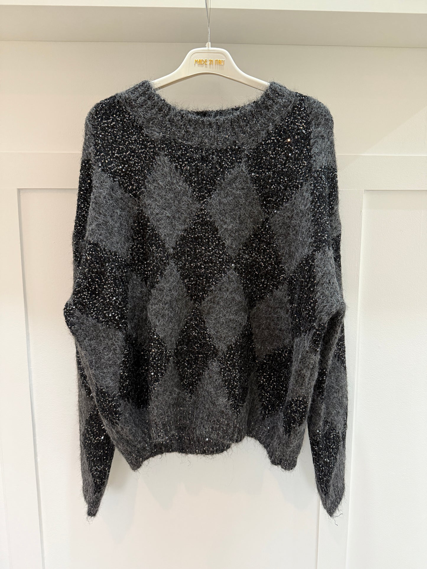 Grey Sequin Argyle Diamond Knit Jumper