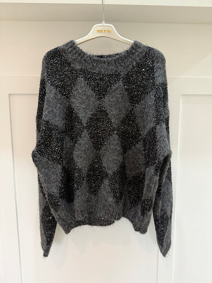 Grey Sequin Argyle Diamond Knit Jumper