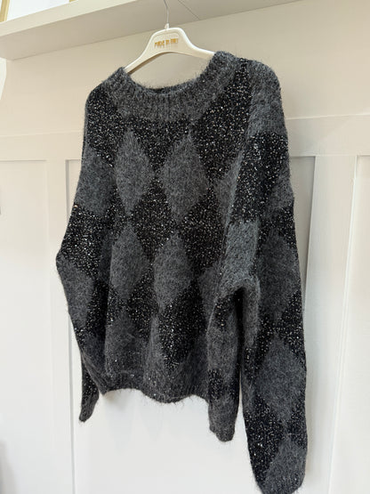 Grey Sequin Argyle Diamond Knit Jumper