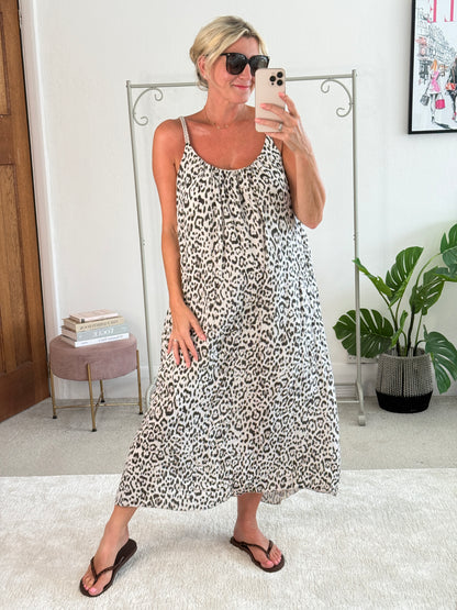 Stone/Black Plaited Strap Leopard Maxi Dress 🐆