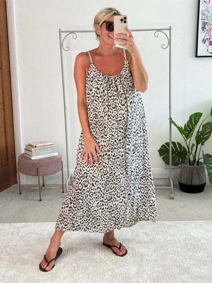 Stone/Black Plaited Strap Leopard Maxi Dress 🐆