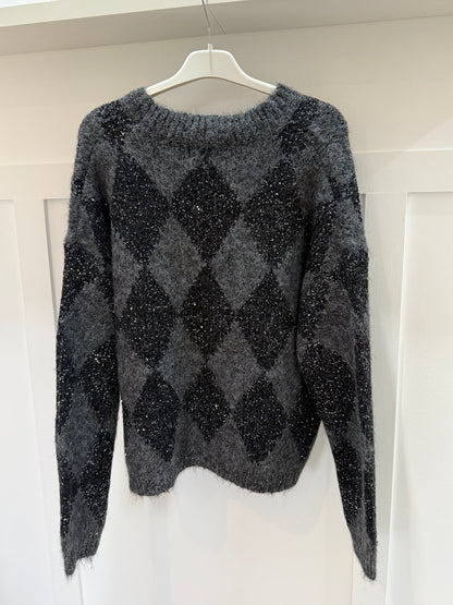 Grey Sequin Argyle Diamond Knit Jumper