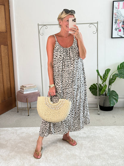 Stone/Black Plaited Strap Leopard Maxi Dress 🐆