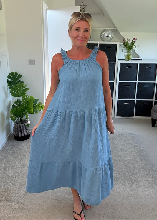 Denim Blue Frill Shoulder Floaty Dress