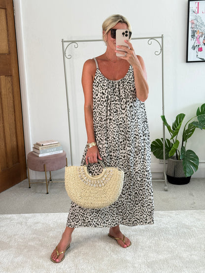 Stone/Black Plaited Strap Leopard Maxi Dress 🐆