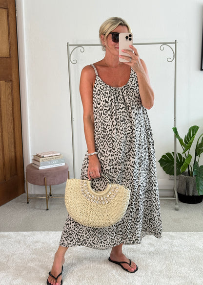 Stone/Black Plaited Strap Leopard Maxi Dress 🐆
