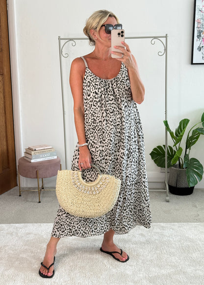 Stone/Black Plaited Strap Leopard Maxi Dress 🐆