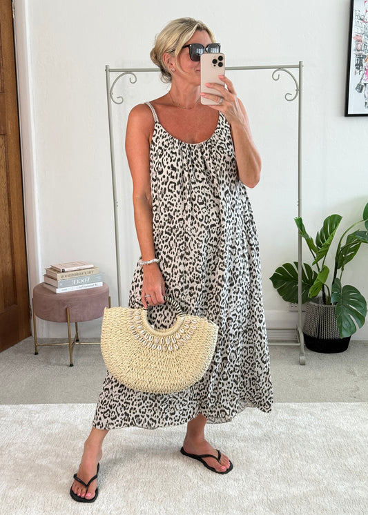 Stone/Black Plaited Strap Leopard Maxi Dress 🐆