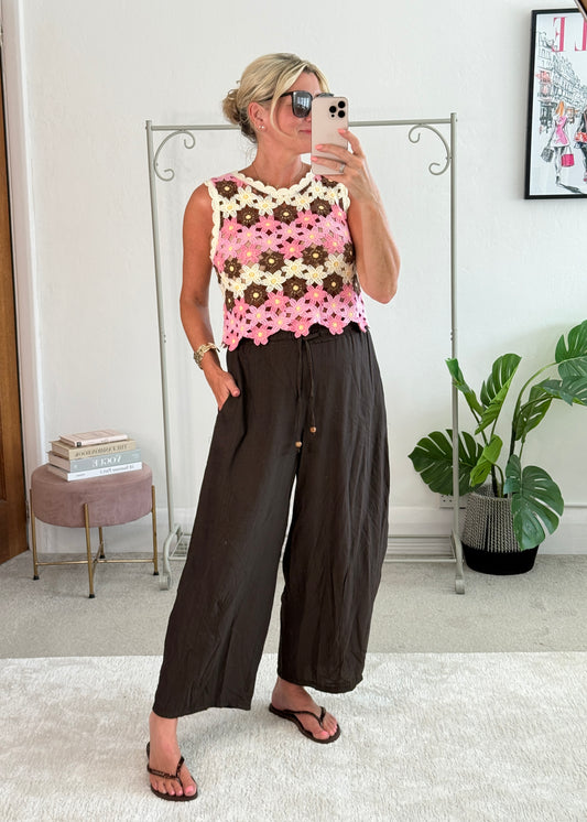 Pink/Brown Daisy Crochet Knit Tank Top