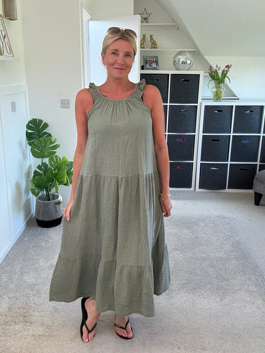 Khaki Frill Shoulder Floaty Dress