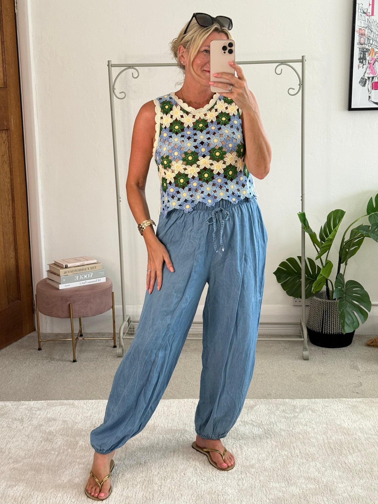 Blue/Green Daisy Crochet Knit Tank Top