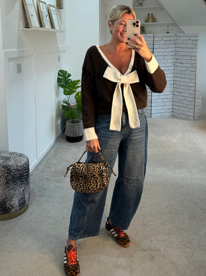 Chocolate/Cream Contrast Bow Back Jumper