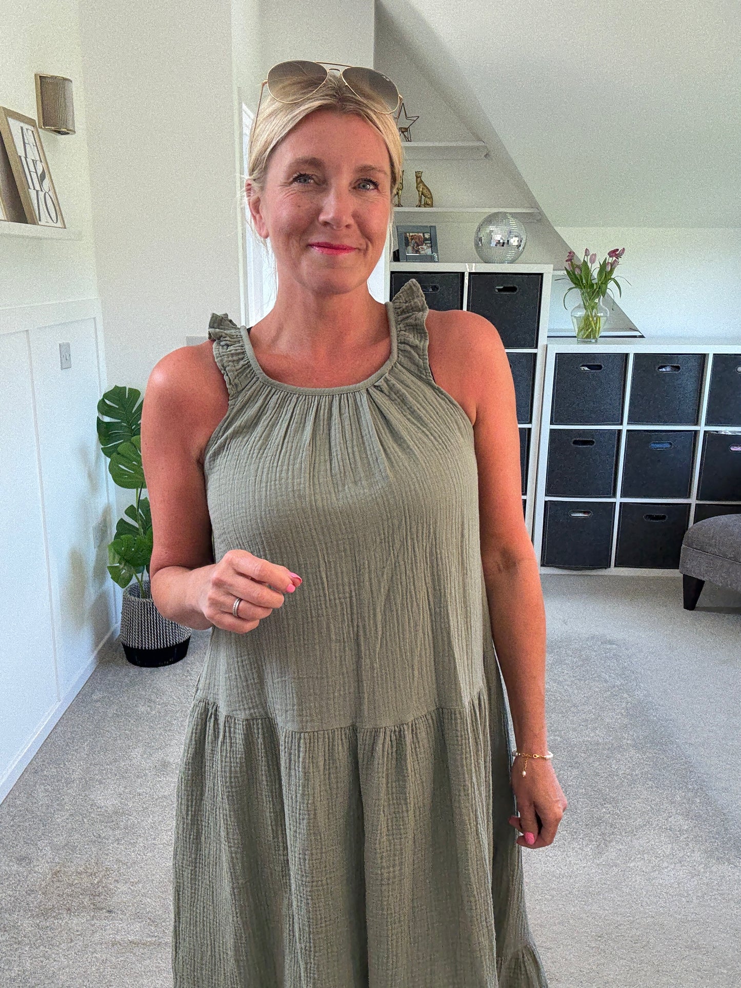 Khaki Frill Shoulder Floaty Dress