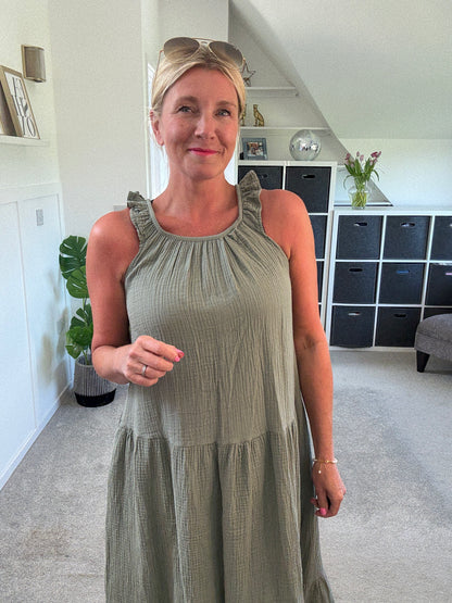 Khaki Frill Shoulder Floaty Dress