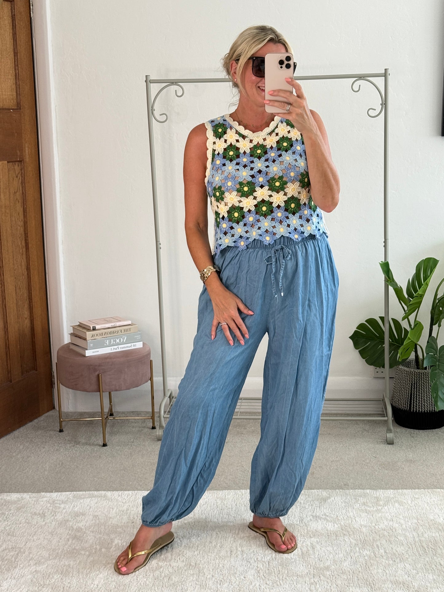 Blue/Green Daisy Crochet Knit Tank Top