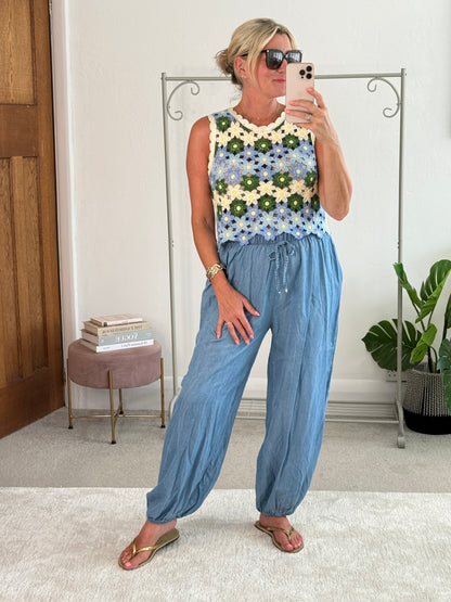 Blue/Green Daisy Crochet Knit Tank Top