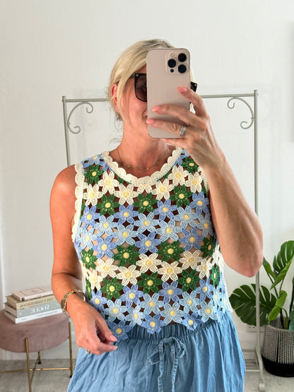 Blue/Green Daisy Crochet Knit Tank Top