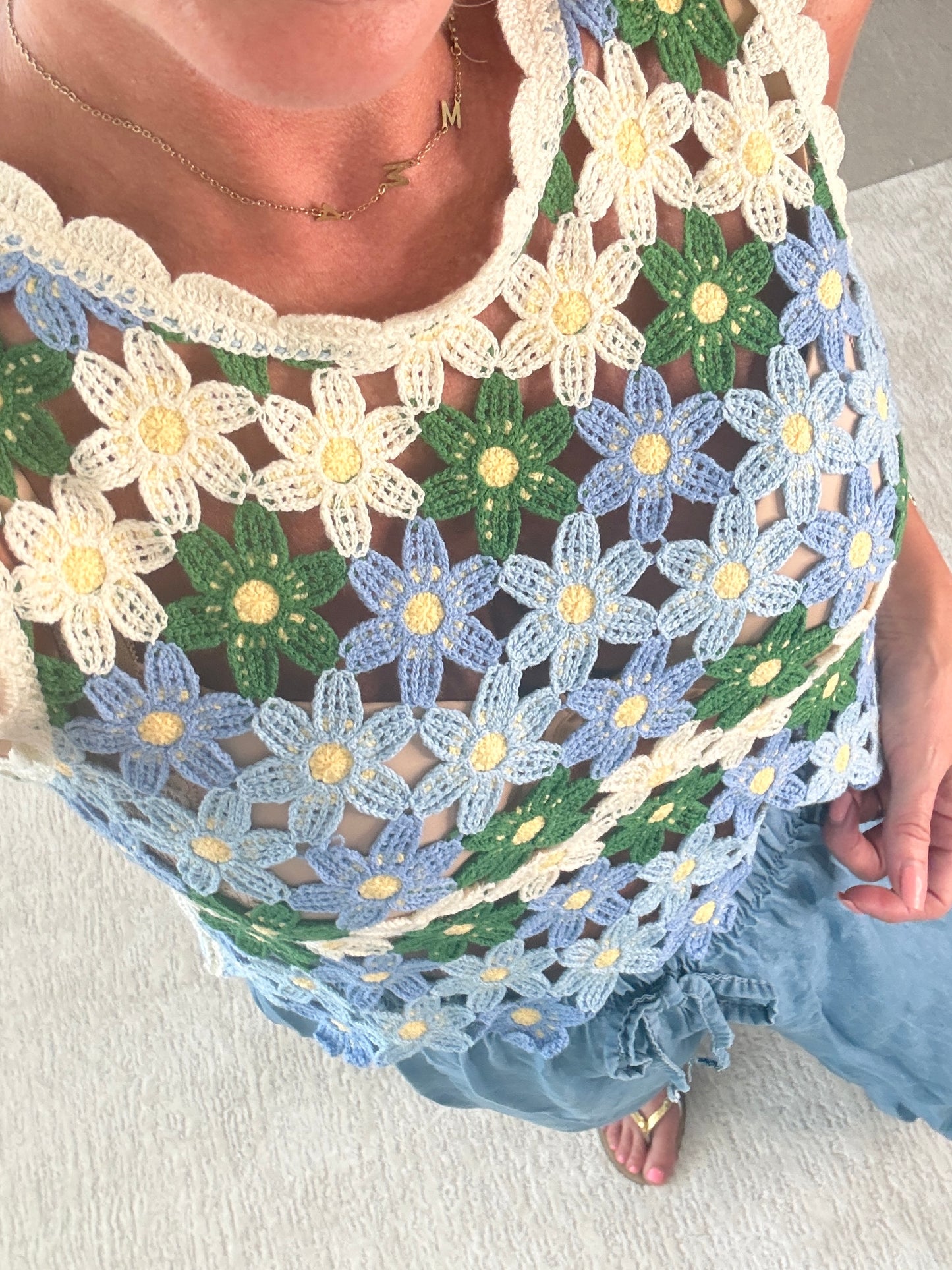 Blue/Green Daisy Crochet Knit Tank Top