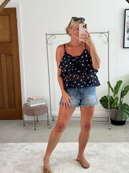 Navy Polka Dot Frill Cami Top