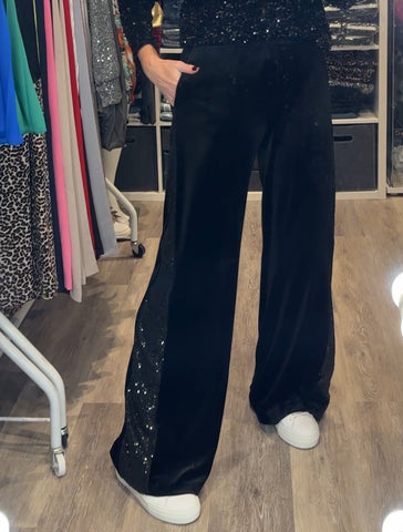 Black Velvet Sequin Stripe Wide Leg Trousers