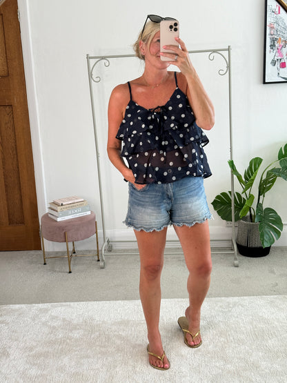 Navy Polka Dot Frill Cami Top