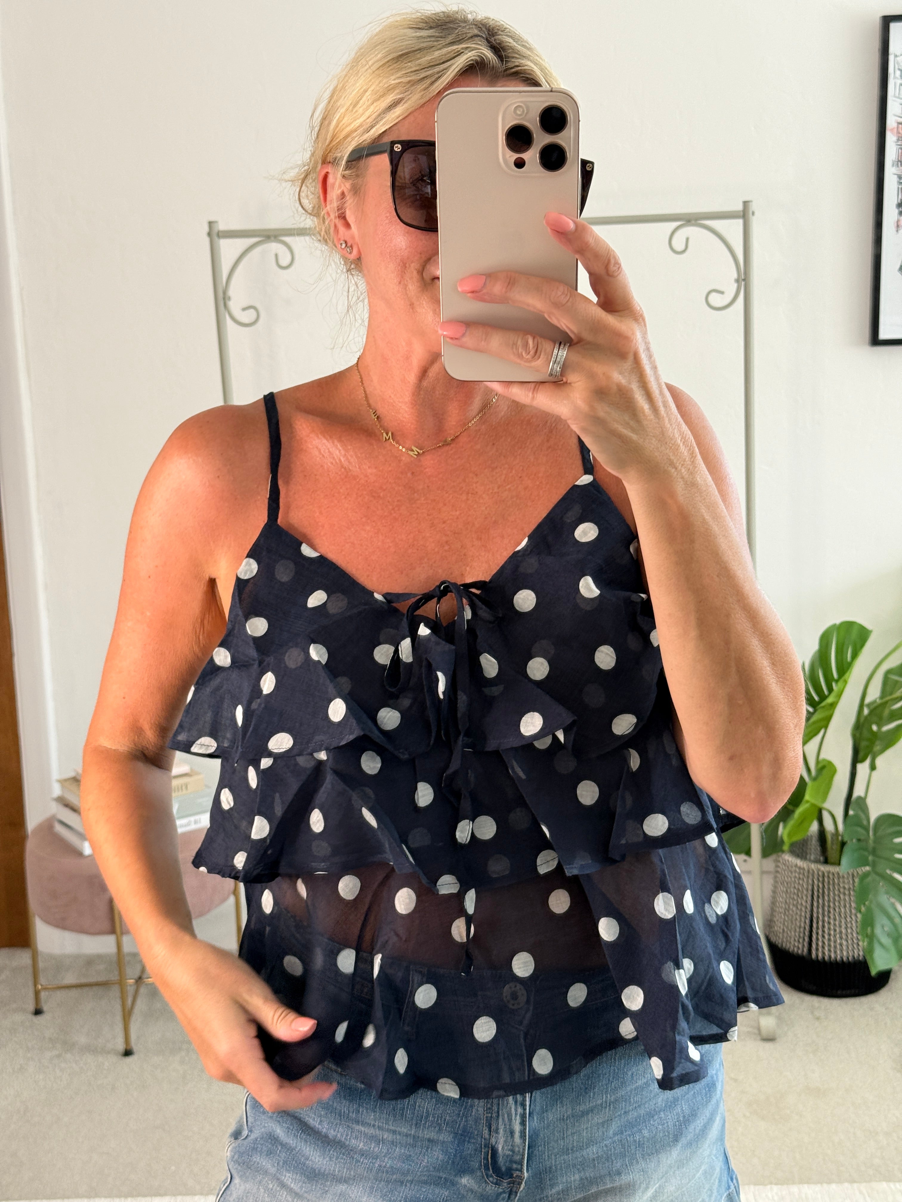 Navy Polka Dot Frill Cami Top – Boutiquemma