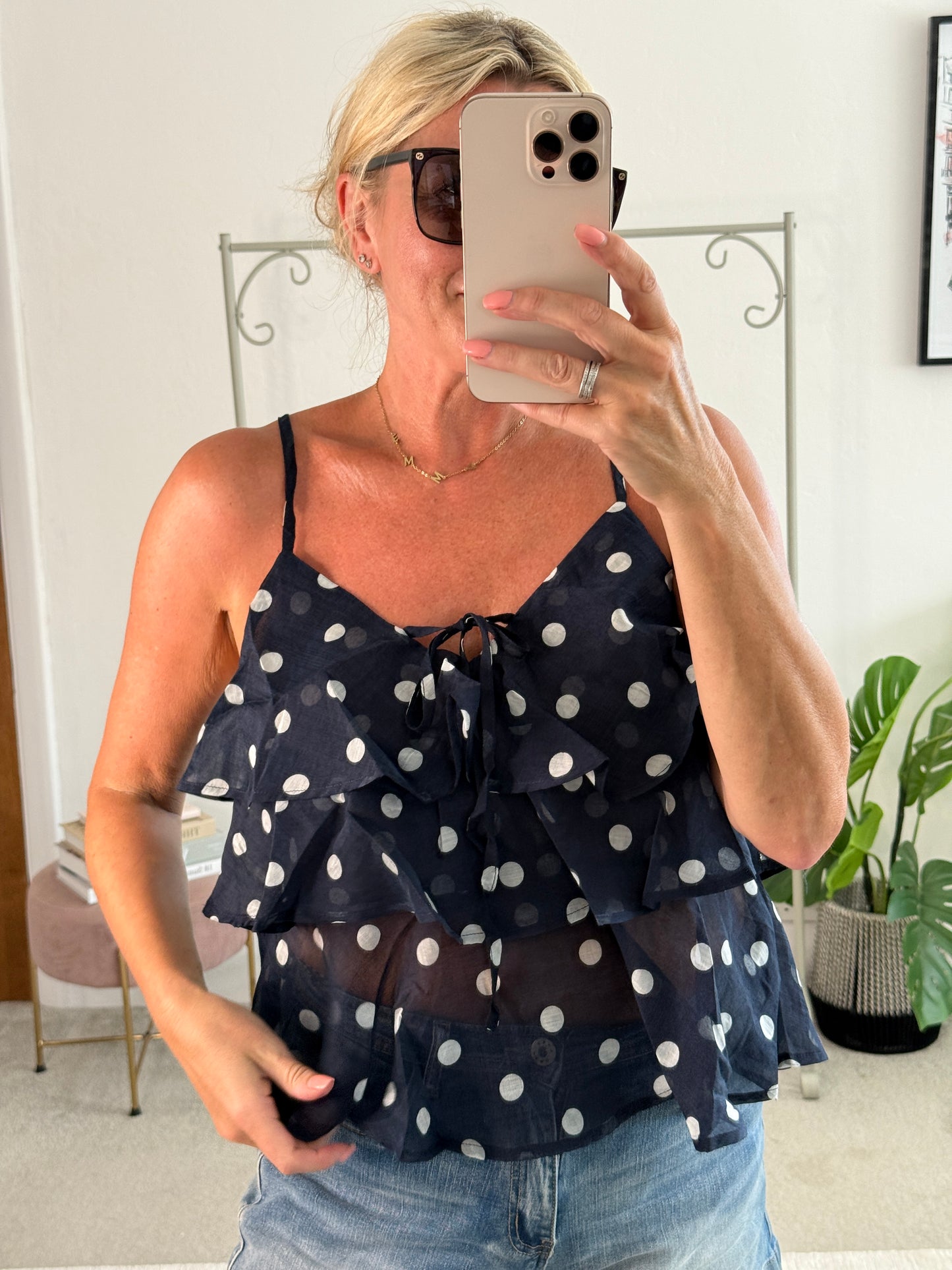 Navy Polka Dot Frill Cami Top