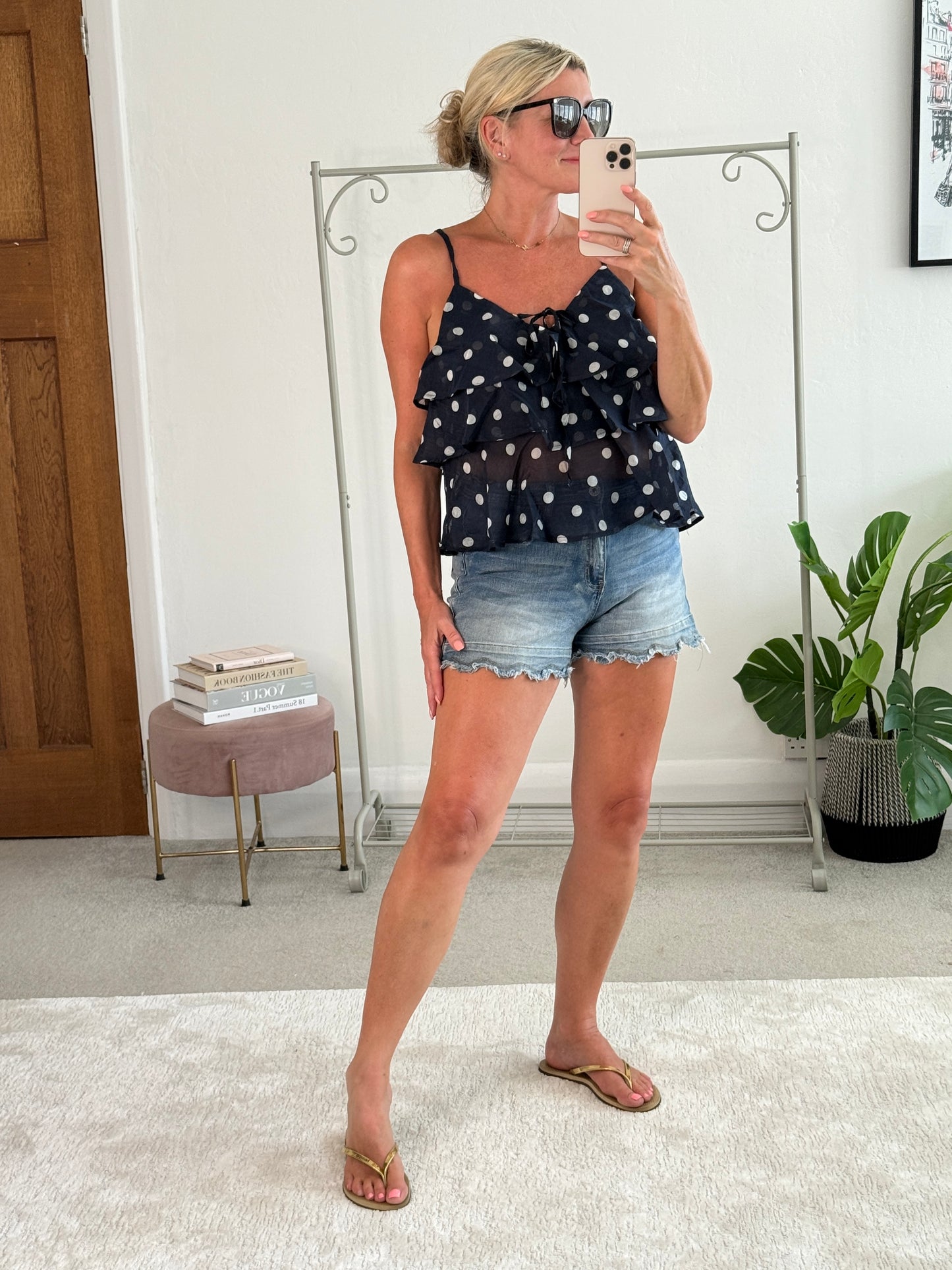 Navy Polka Dot Frill Cami Top