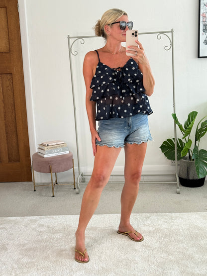 Navy Polka Dot Frill Cami Top
