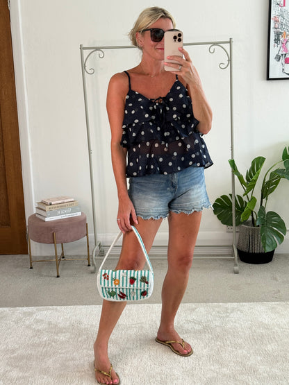 Navy Polka Dot Frill Cami Top