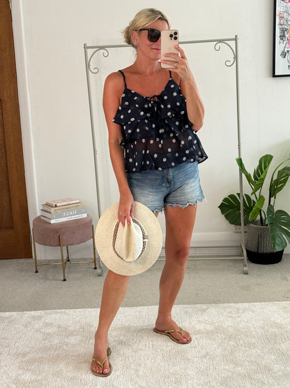 Navy Polka Dot Frill Cami Top