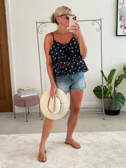 Navy Polka Dot Frill Cami Top