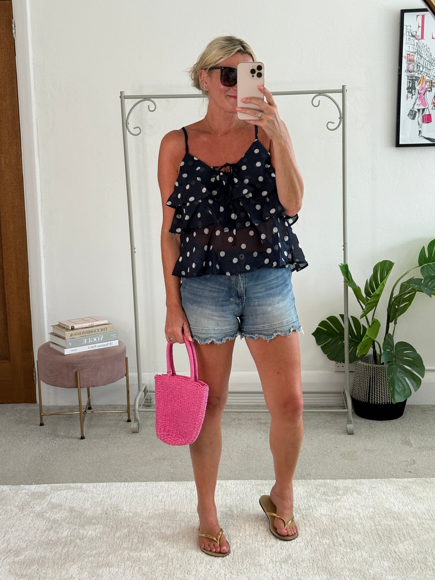 Navy Polka Dot Frill Cami Top