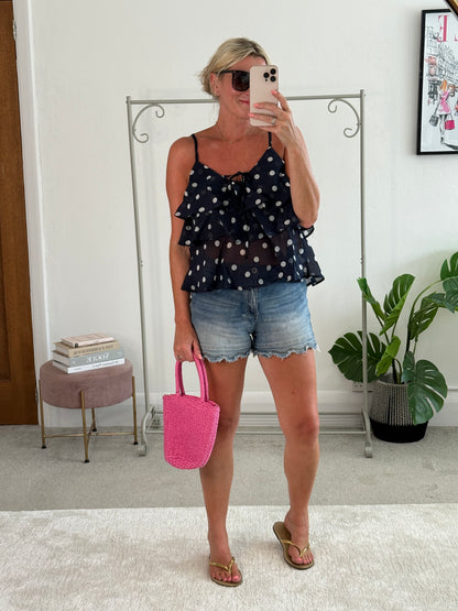 Navy Polka Dot Frill Cami Top